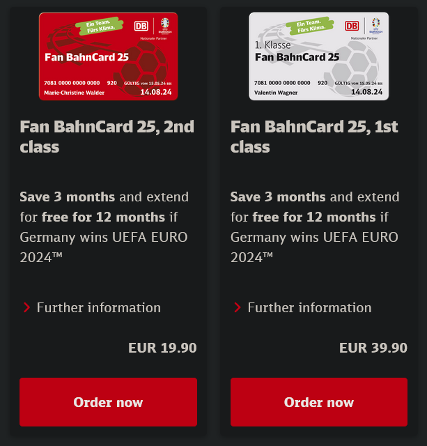 Screenshot of BahnCard website, with cards that say "Fan BahnCard 25, 2nd class. Save 3 months and extend for free for 12 months if Germany wins UEFA EURO 2024™"